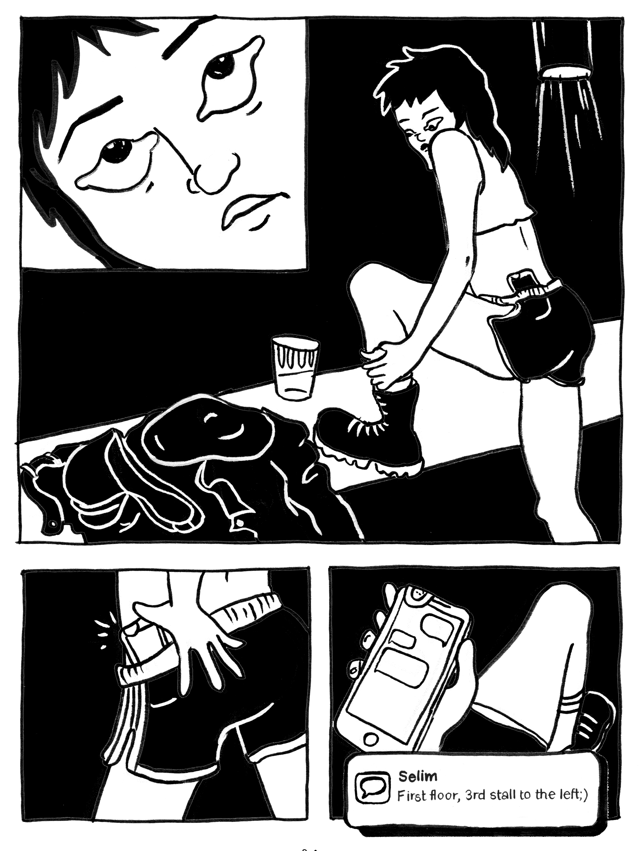 Black and white comic panel illustration of a person tying their boots in the Berghain lobby, their phone vibrates with a message from a friend to come to the third stall on the left in the first floor bathrooms.
