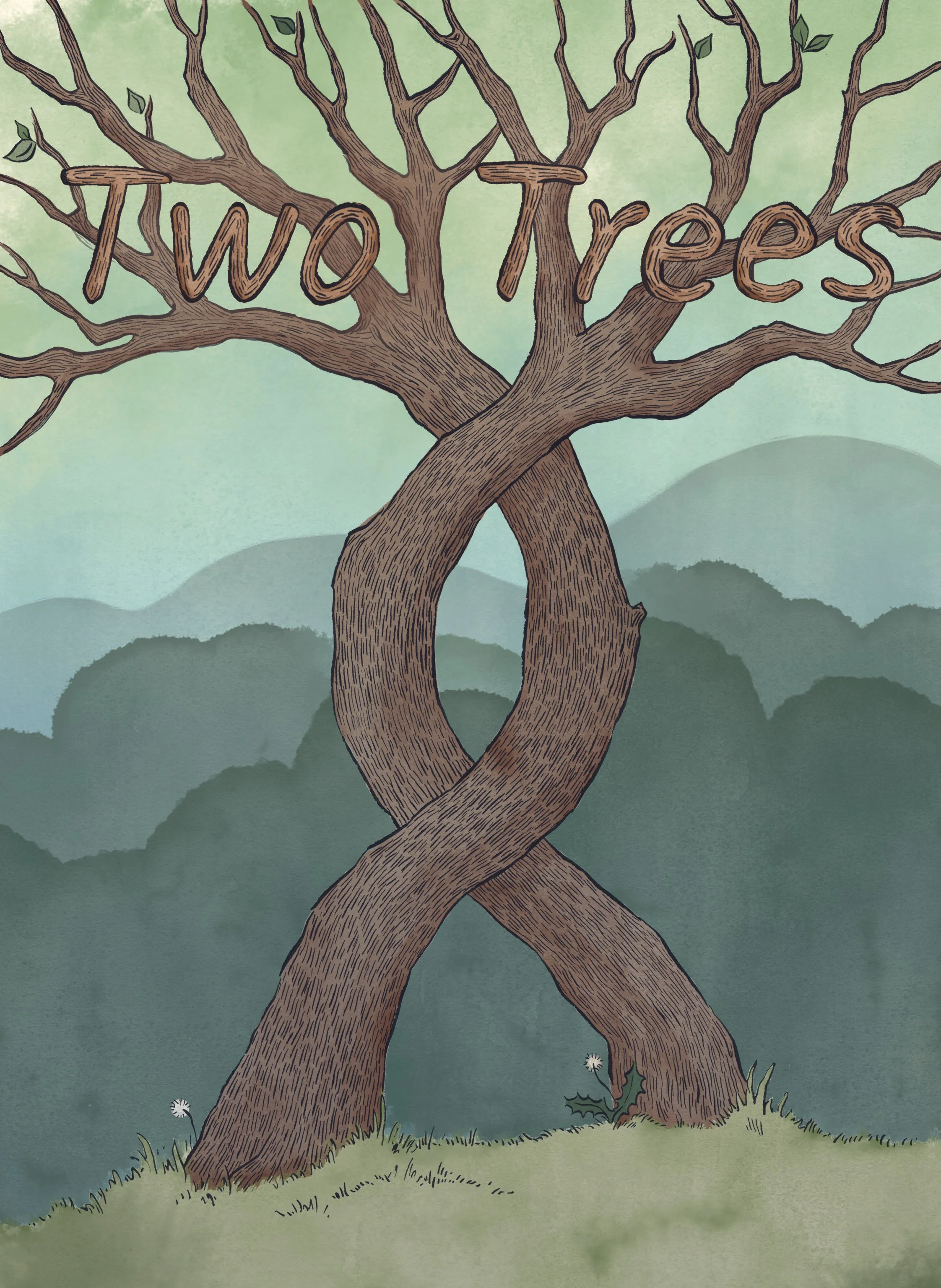Illustration of two intertwined trees with the words "Two Trees" formed in the branches, set against a background of rolling mountains and a cloudy sky.