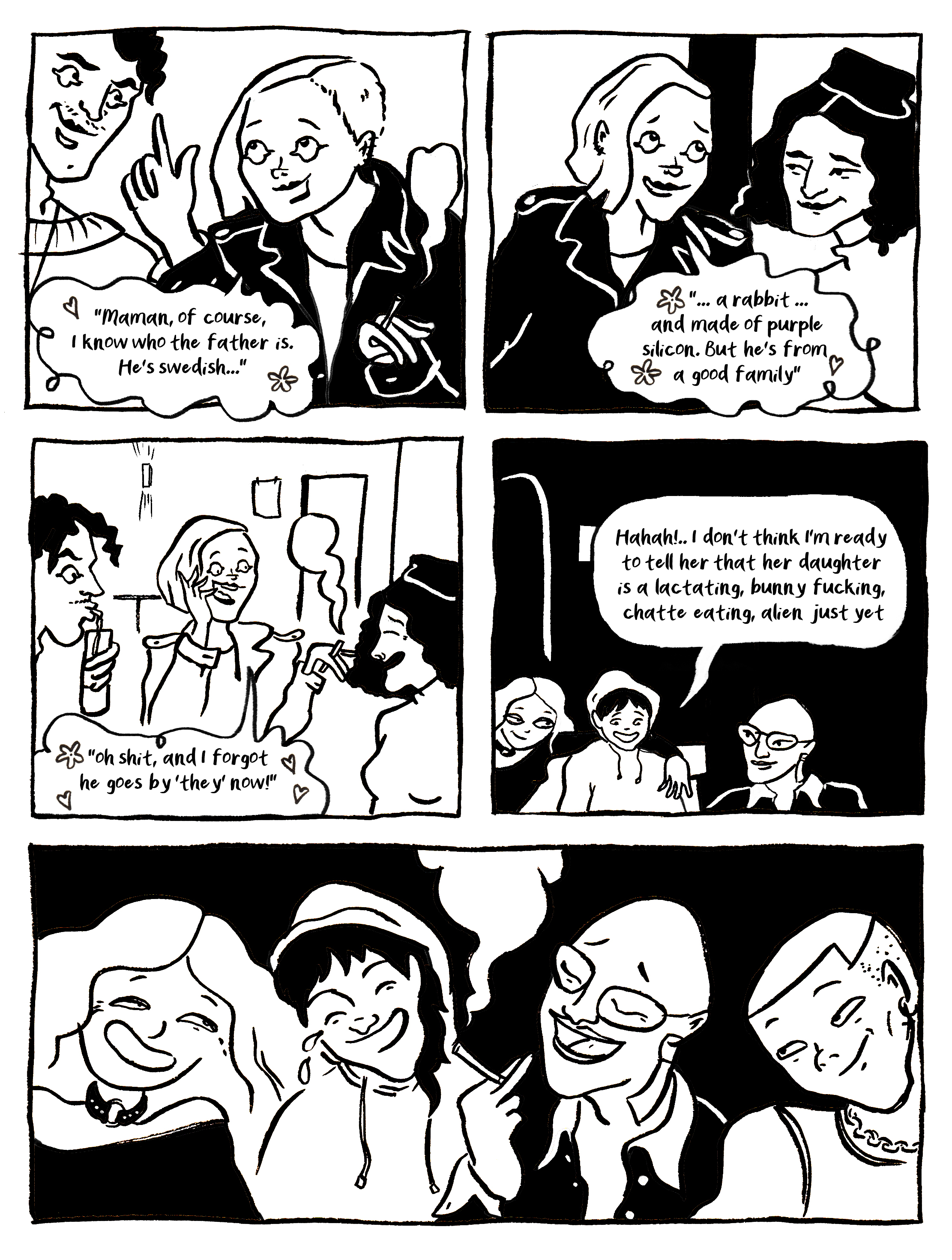A comic strip featuring several characters talking and joking with humorous dialogue and expressions.