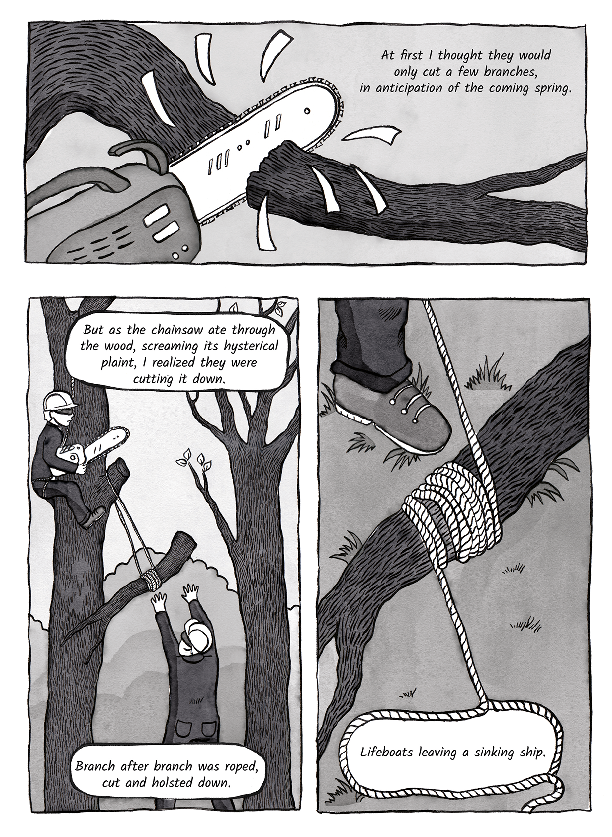 Comic strip depicting tree cutting with a chainsaw, a worker sawing a branch, and a rope tied around a branch, with text describing the process.