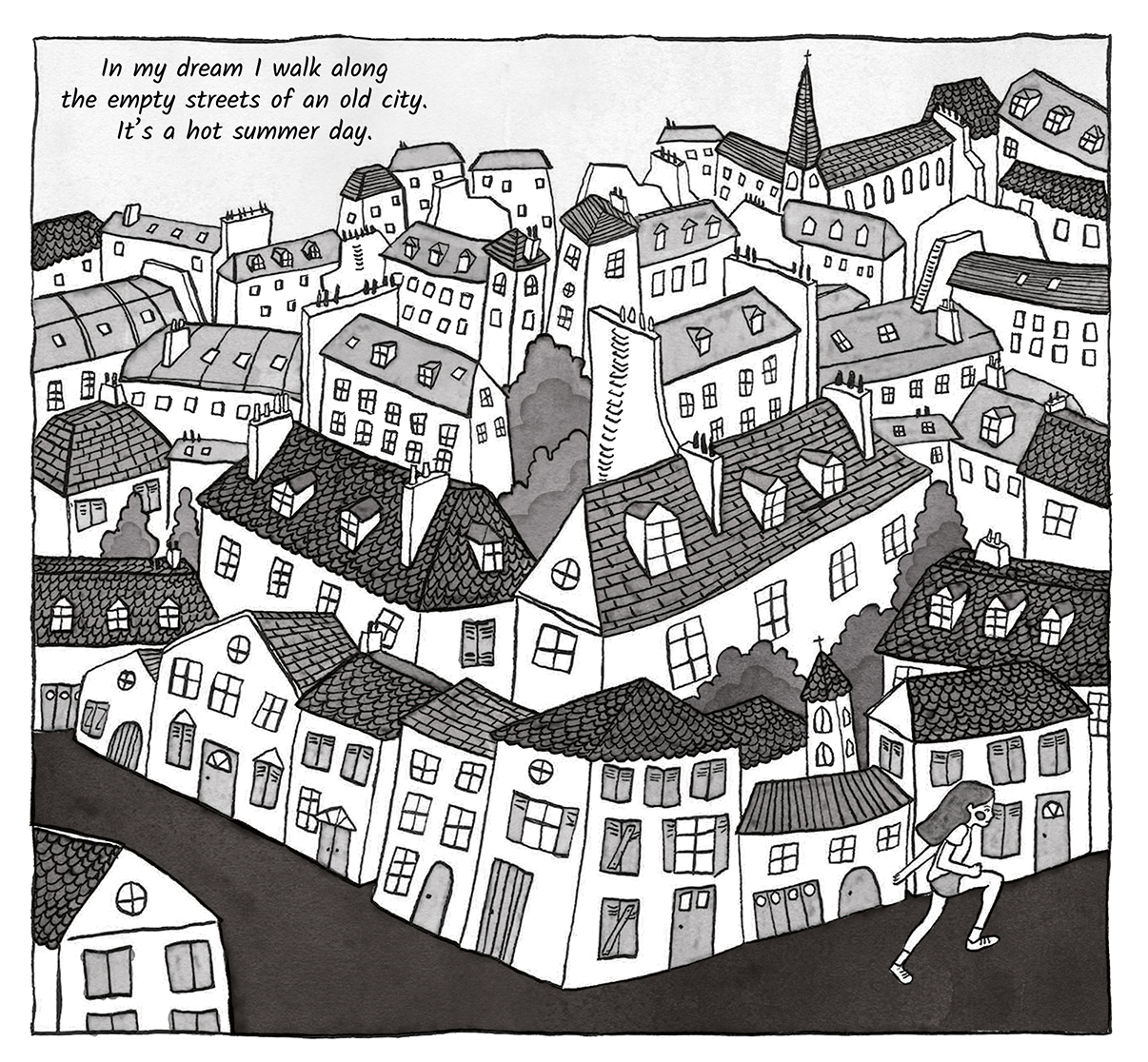 Black and white hand drawn illustration of a girl running on a sloped street in an old city with tightly packed buildings, rooftops, and trees, accompanied by a handwritten poem.