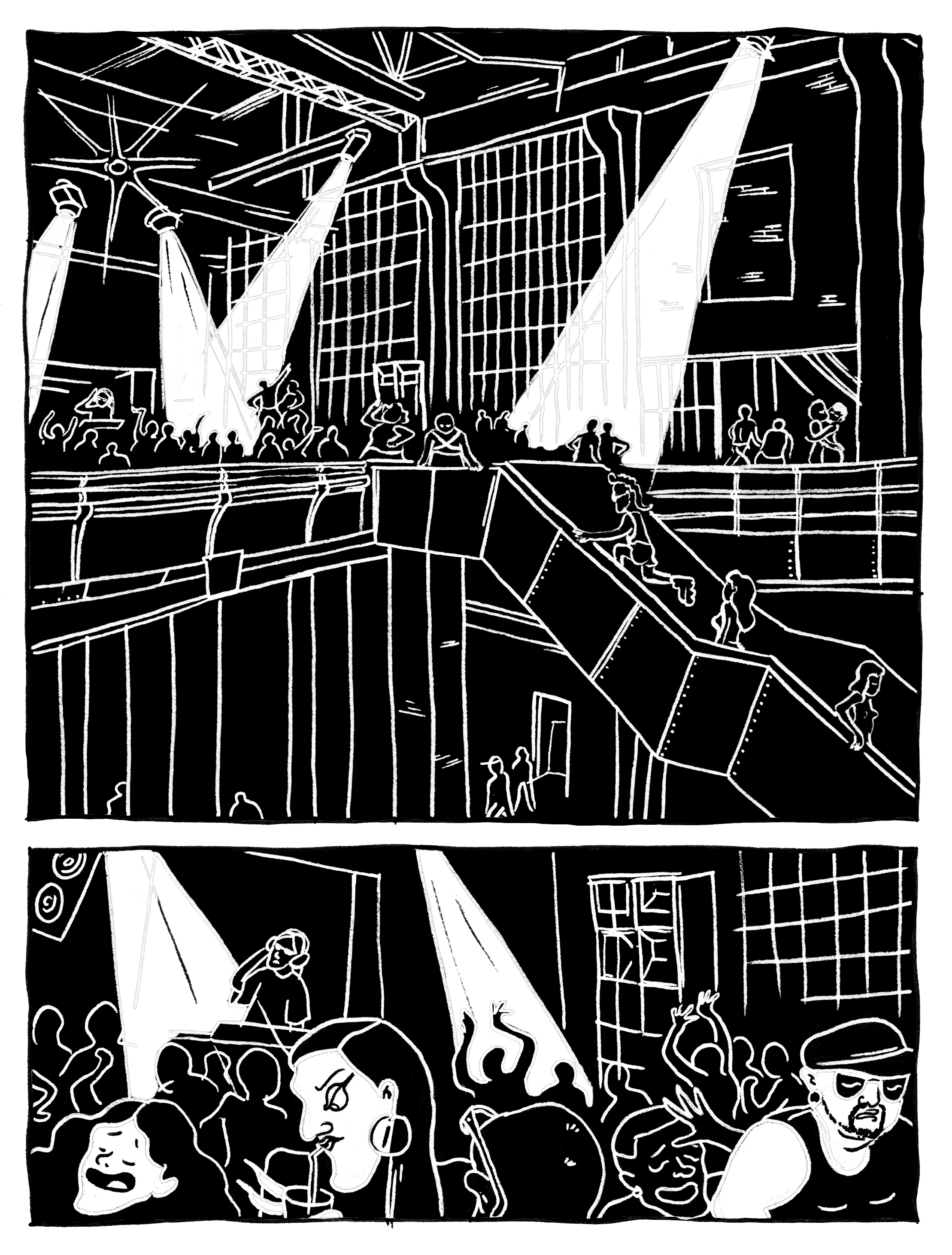 Black and white illustration of a nightclub scene, with a dance floor, stage, and people dancing or socializing, illuminated by spotlights.