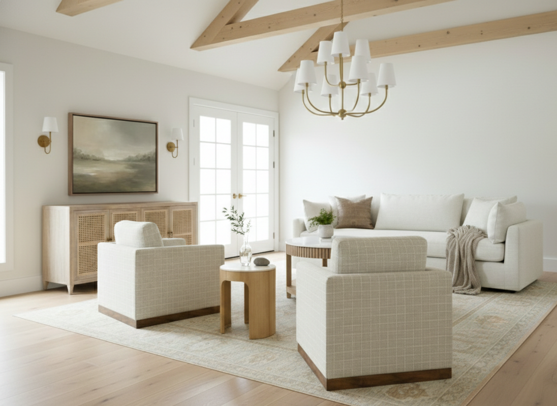 Bright and minimalist living room with white walls, a white sofa, two white armchairs, wooden accents, a chandelier, and French doors.