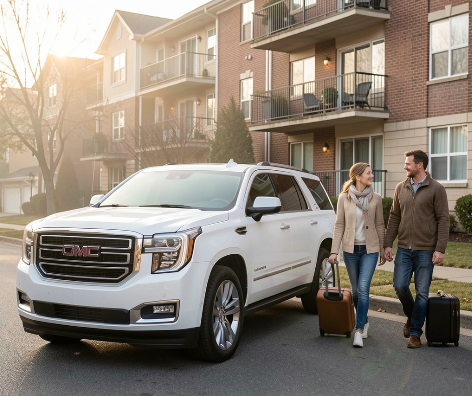 A middle-aged couple with suitcases approaching a car to take them to the airport.