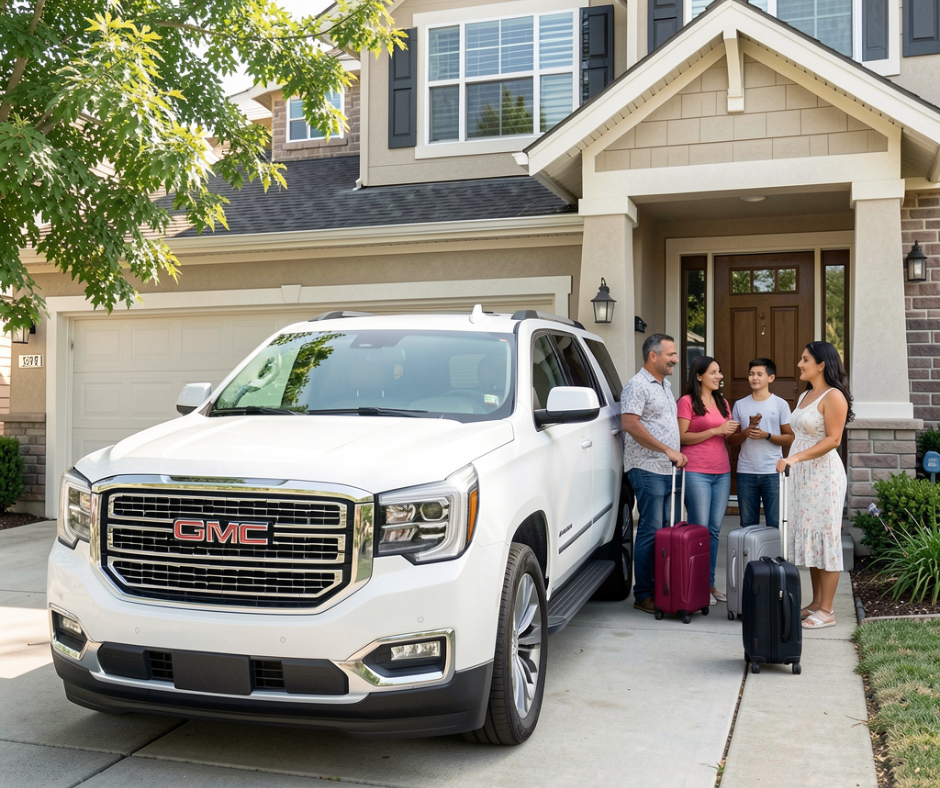 A family of four standing outside their home, ready with suitcases, waiting to get into a GMC Denali and ride to the airport.
