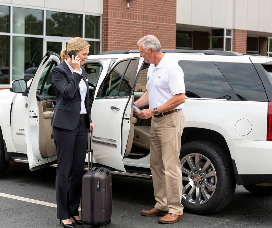 A business woman approaching a GMC Denali truck on her way to a conference.