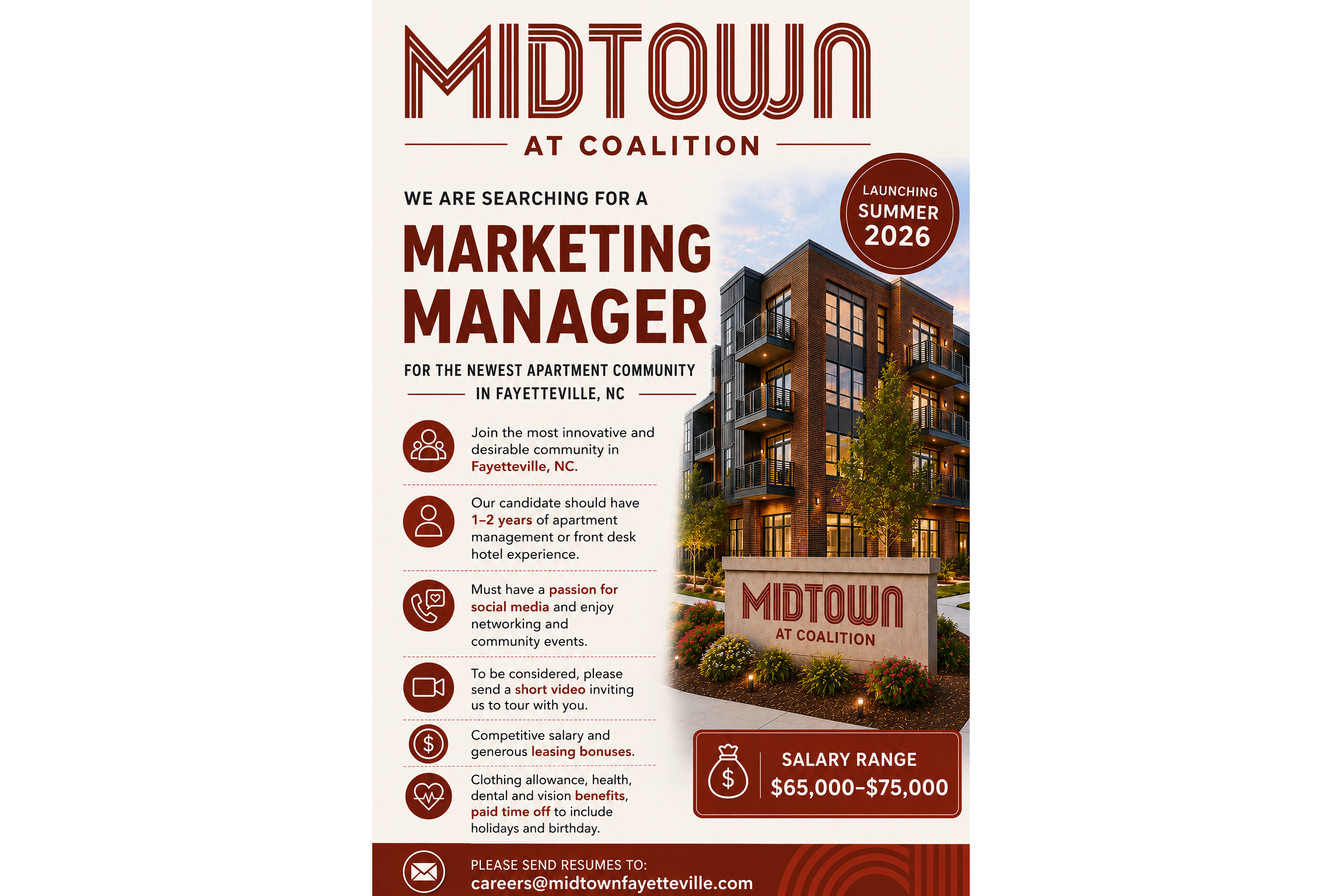 Hiring advertisement for a Marketing Manager position at Midtown at Coalition, a new apartment community launching summer 2026 in Fayetteville, NC. The graphic displays a modern brick apartment building facade alongside the role details. Salary range