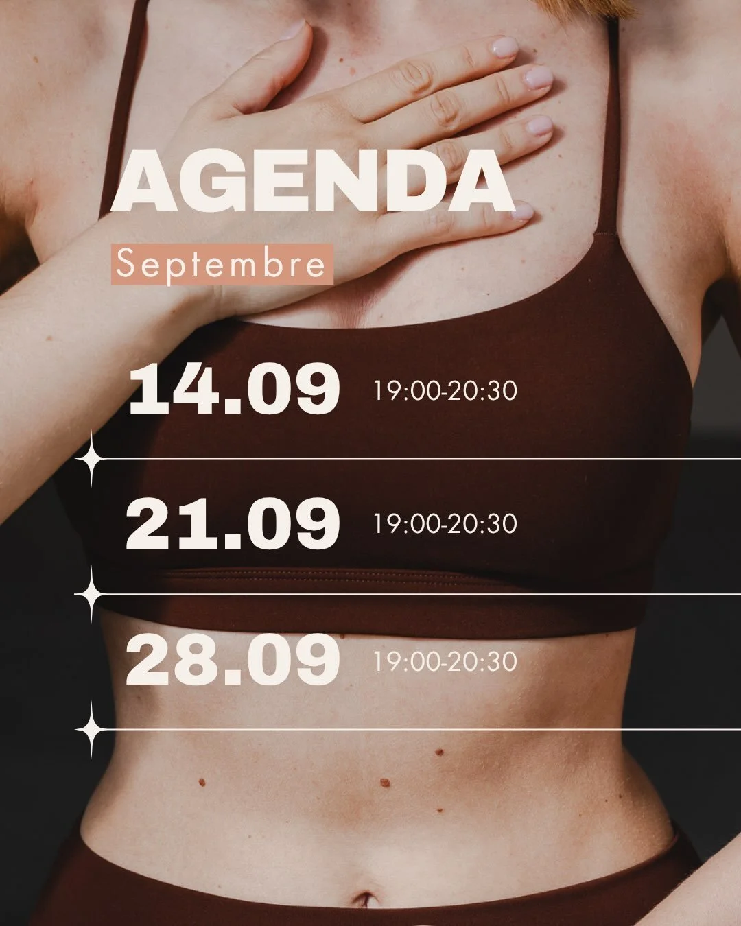 Agenda Breathwork 

Un moment pour toi, pour rel&acirc;cher les tensions, te reconnecter &agrave; ton corps et retrouver de l&rsquo;&eacute;nergie. 

Les lundis 14, 21 et 28 septembre, 19h &agrave; 20h30
📍Roots Movement Studio, 542 Rue Vanderkindere