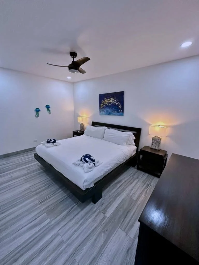 Primary bedroom with a king-size bed, two nightstands with lamps, wall art, and ocean-themed decor, including two jellyfish wall hangings.  Unit S2, Caye Caulker,  Blu Zen Belize