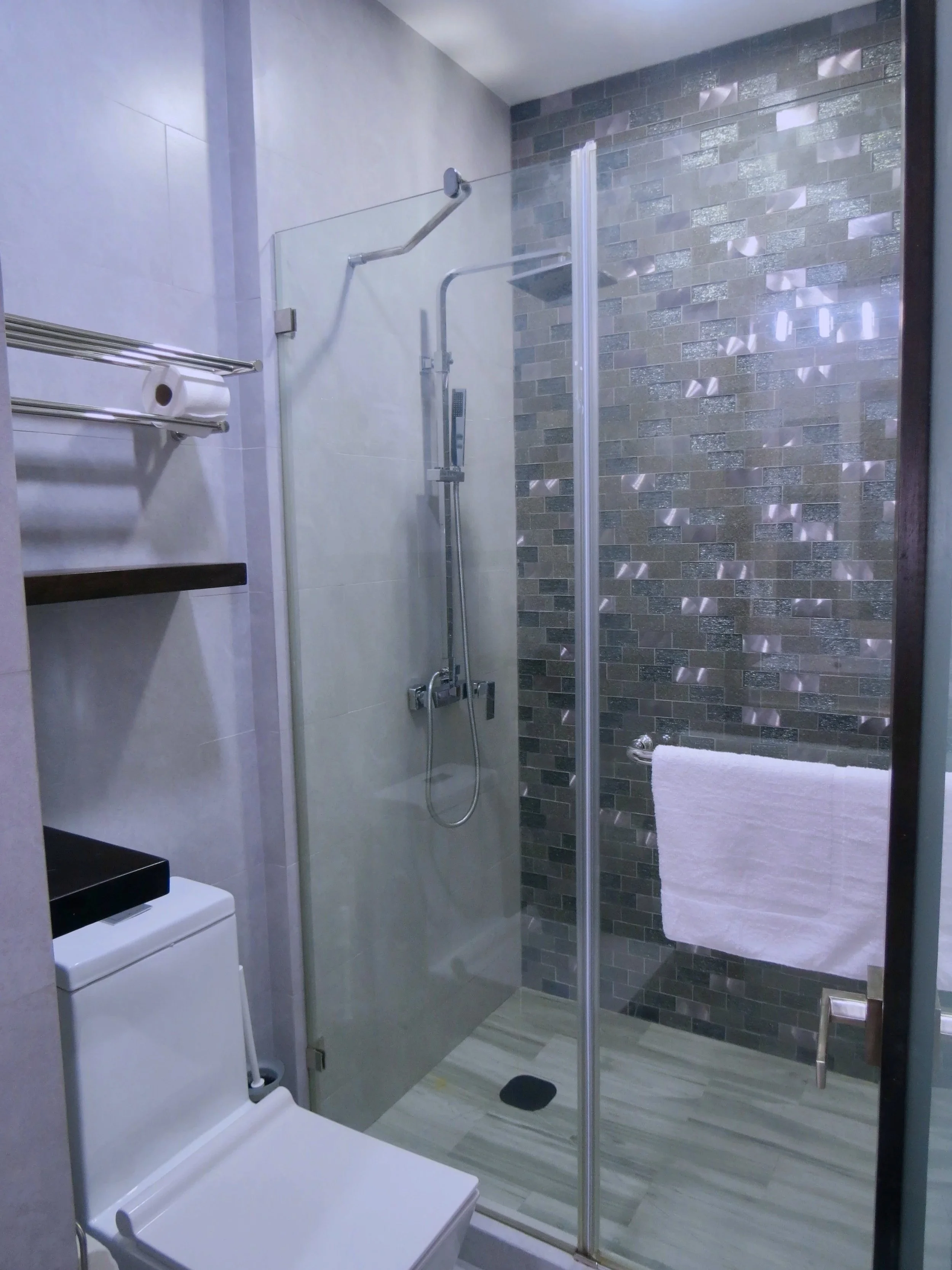 Modern bathroom with a walk-in shower, gray stone tiles on the wall, a white toilet, a towel hanging on the shower door, stainless steel fixtures, a glass shower door, and a wooden shelf.  Unit S2, Caye Caulker,  Blu Zen Belize