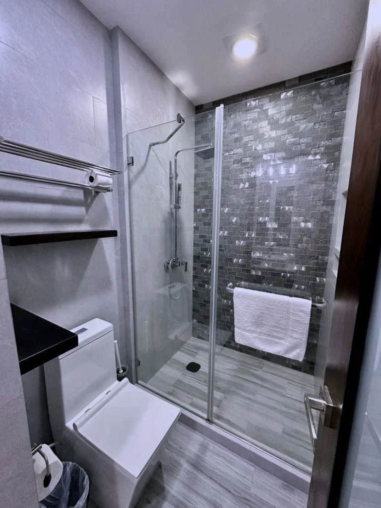Modern bathroom with a glass shower enclosure, a toilet, and a towel rack. The shower has a rain shower head and a hand-held shower, with a textured tile wall at the back. Unit S2, Caye Caulker,  Blu Zen Belize
