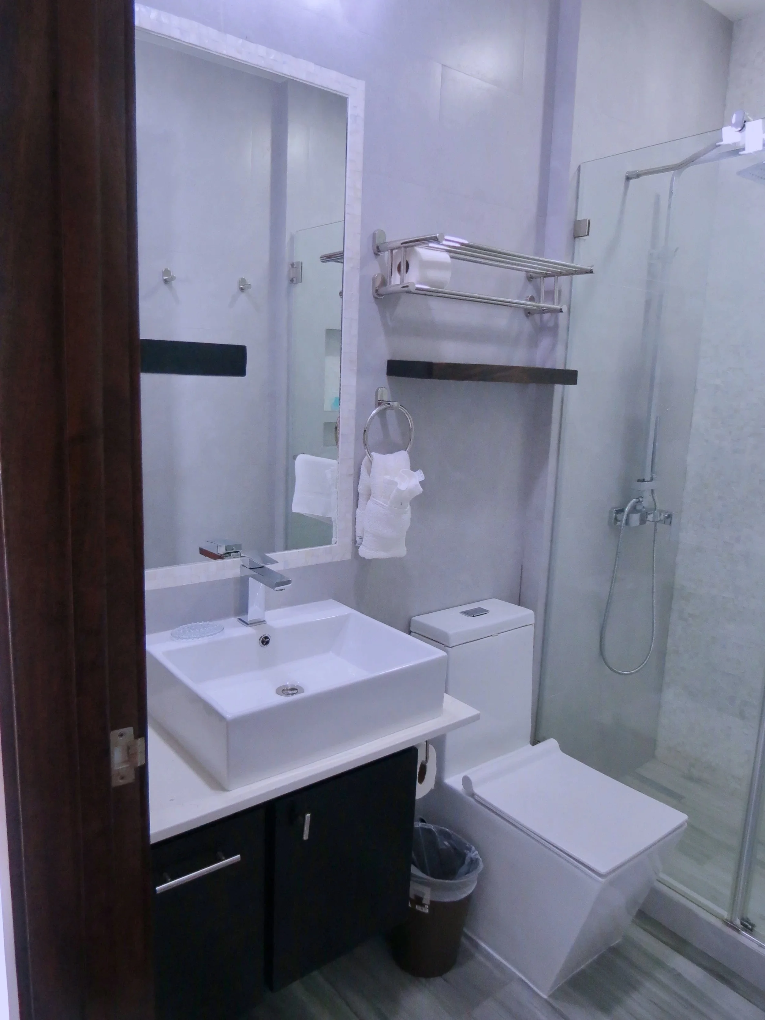 Modern guest bathroom featuring a white square vessel sink on a dark wood cabinet, a large mirror, a towel ring with a towel, a toilet, and a tiled shower with glass enclosure and wall-mounted showerhead. Unit S2, Caye Caulker,  Blu Zen Belize