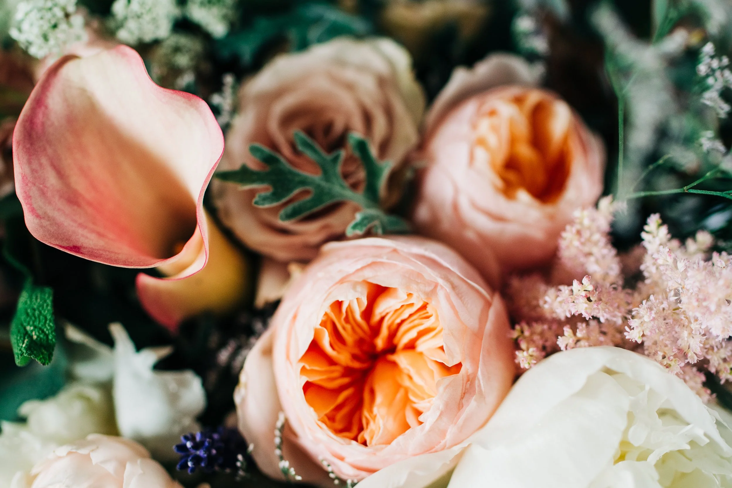 Close-up of a bouquet with peach and white roses, pink calla lily, and small pink and purple flowers.