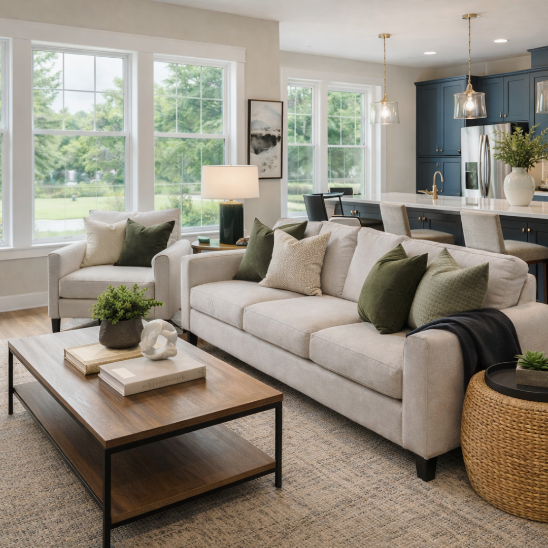 Open-concept one-level home interior designed for comfortable single-level living and aging-in-place planning in Plymouth County and the South Shore of Massachusetts.