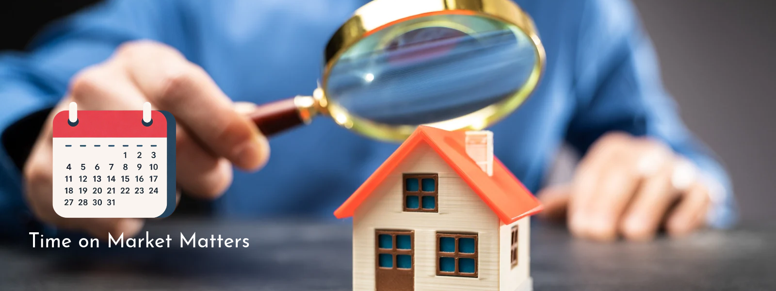 House with magnifying glass and clock representing home pricing and days on market for sellers in Plymouth County and the South Shore.