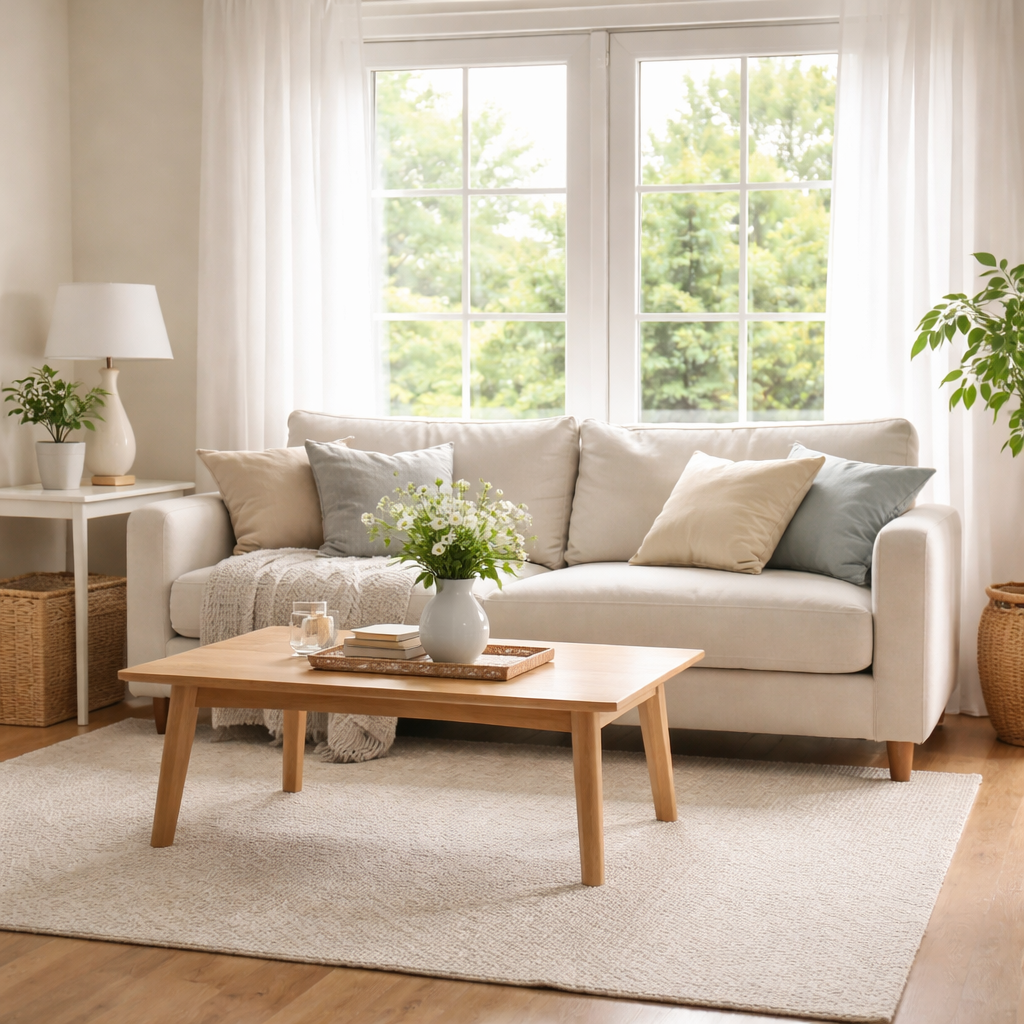 Bright, peaceful living room representing downsizing after 55 in Plymouth County MA