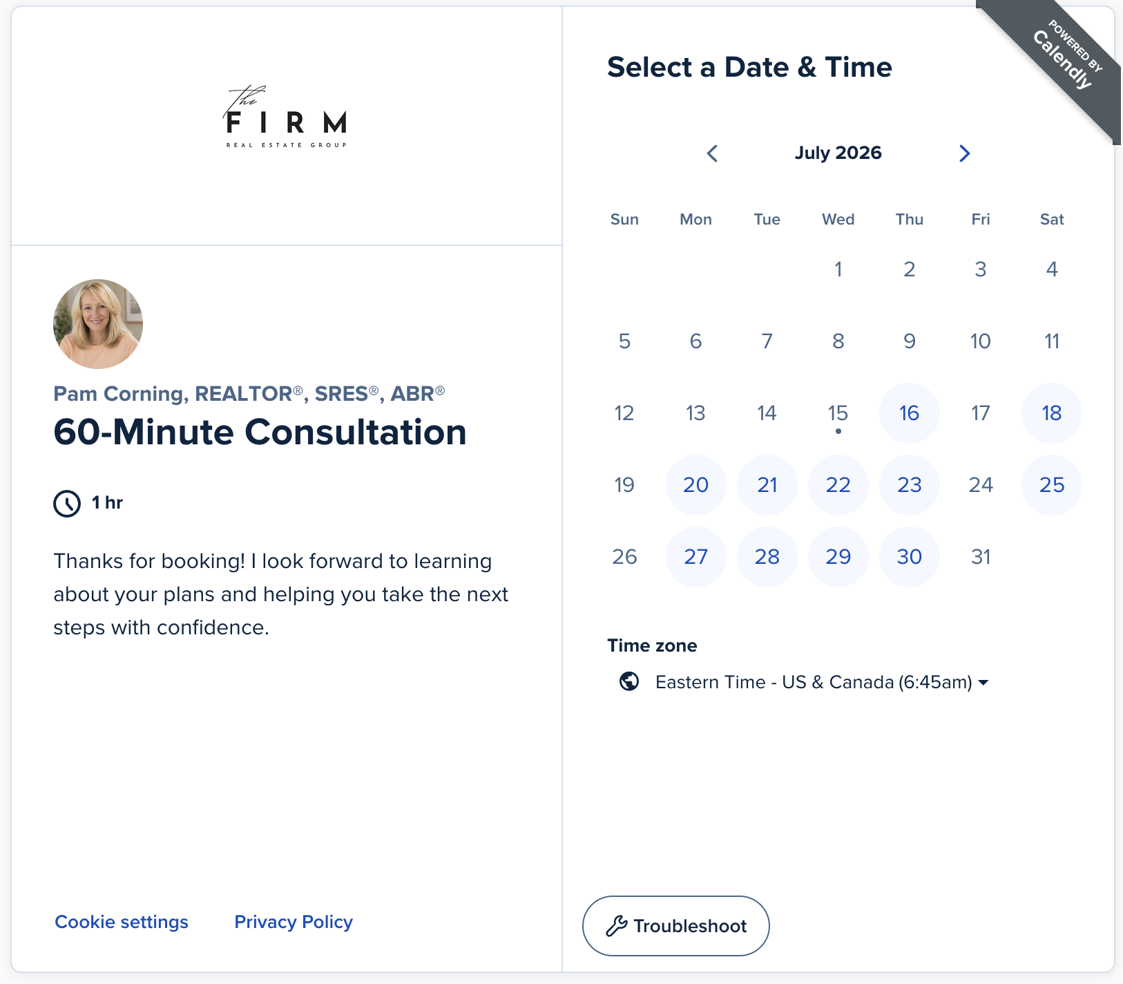 pam corning's calendly appointment calendar