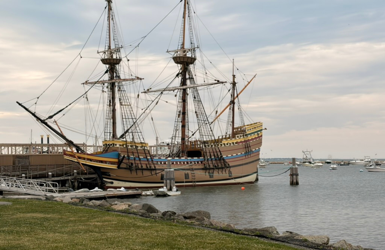 Mayflower II in Plymouth, Massachusetts, a historic landmark overlooking Plymouth Harbor near local 55+ communities, waterfront neighborhoods, and residential homes.