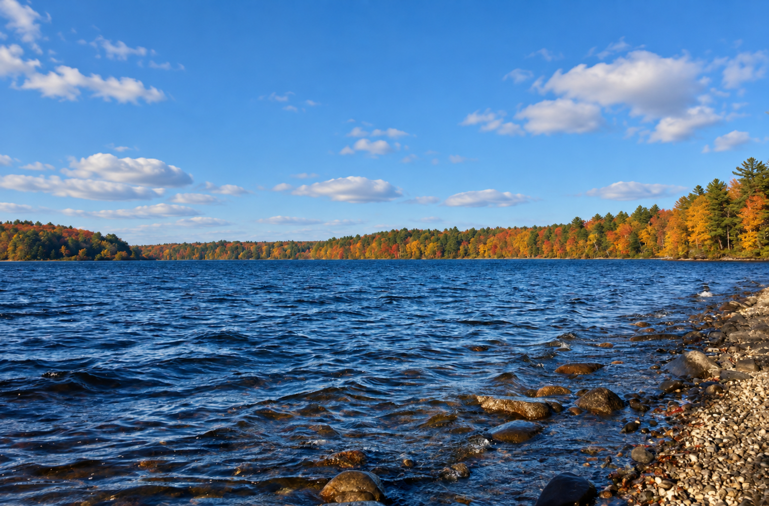 Fall view of a pond in Lakeville Massachusetts with colorful trees, blue water, and scattered clouds