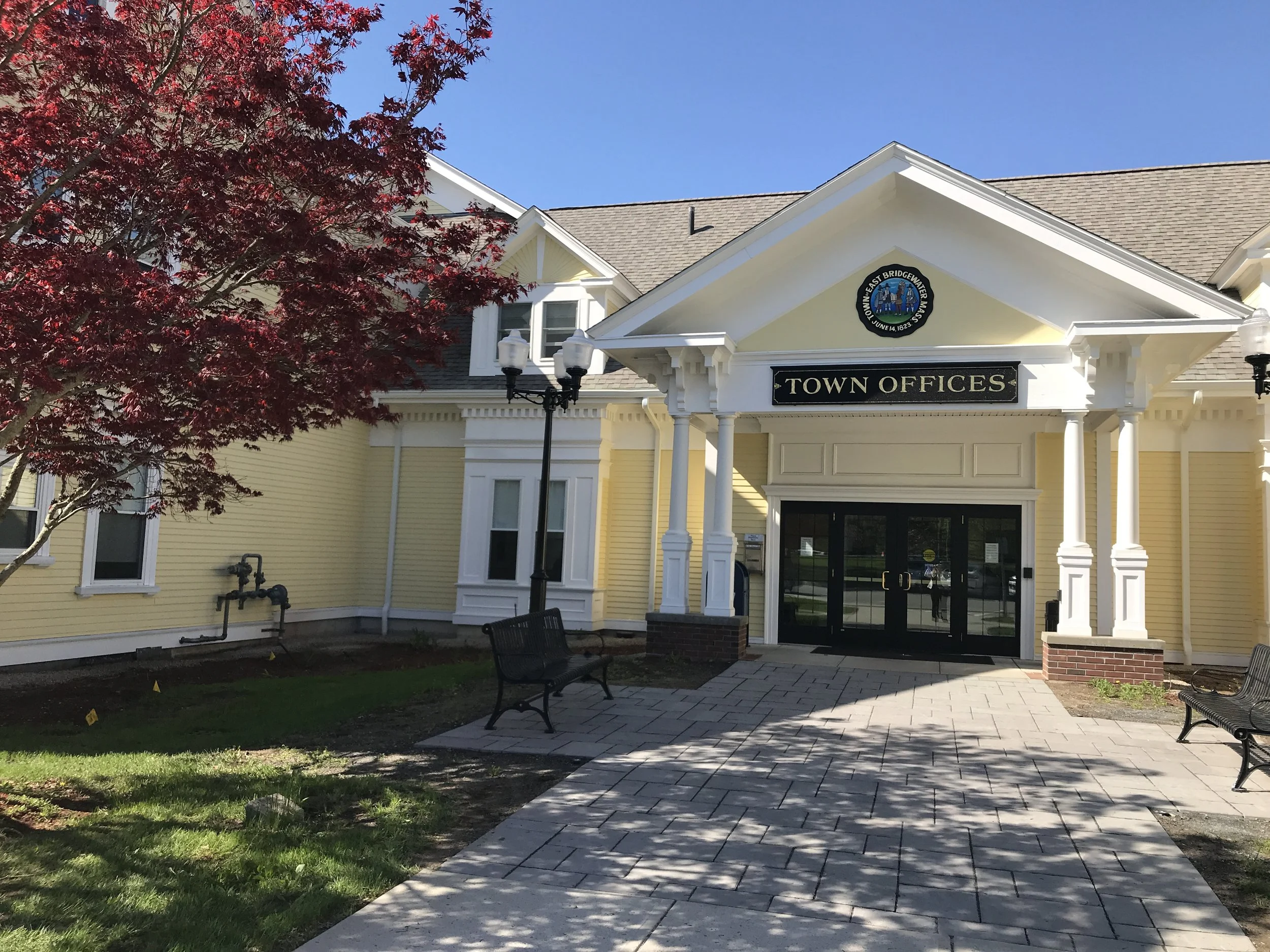 East Bridgewater Town Hall in East Bridgewater, Massachusetts, a local landmark in Plymouth County and community resource for residents exploring 55+ housing and downsizing options.
