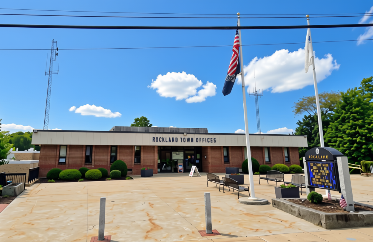 Rockland Town Hall in Rockland, Massachusetts, a local landmark in Plymouth County and community resource near local 55+ communities and residential neighborhoods.