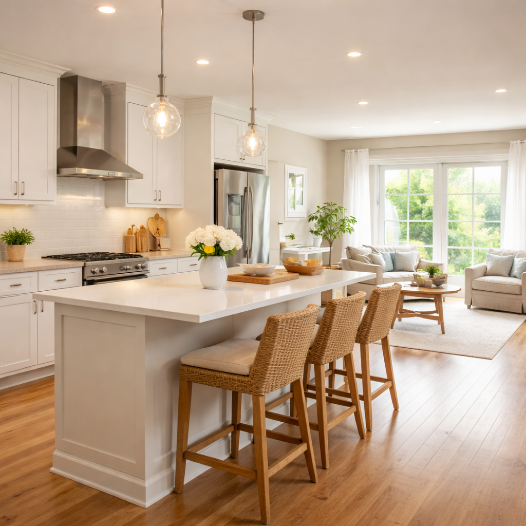 Sunlit open-concept kitchen and living area typical of a 55+ community home in Plymouth County M