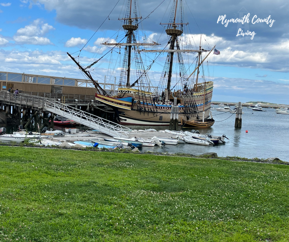 Mayflower II in Plymouth MA harbor near downtown waterfront and 55+ communities
