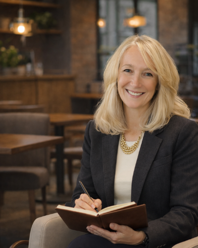 Pam Corning reviewing notes during a real estate consultation in Plymouth County MA