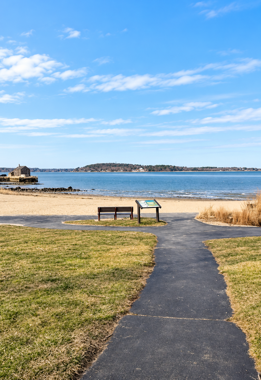 View of Gray’s Beach in Kingston Massachusetts with waterfront, beach