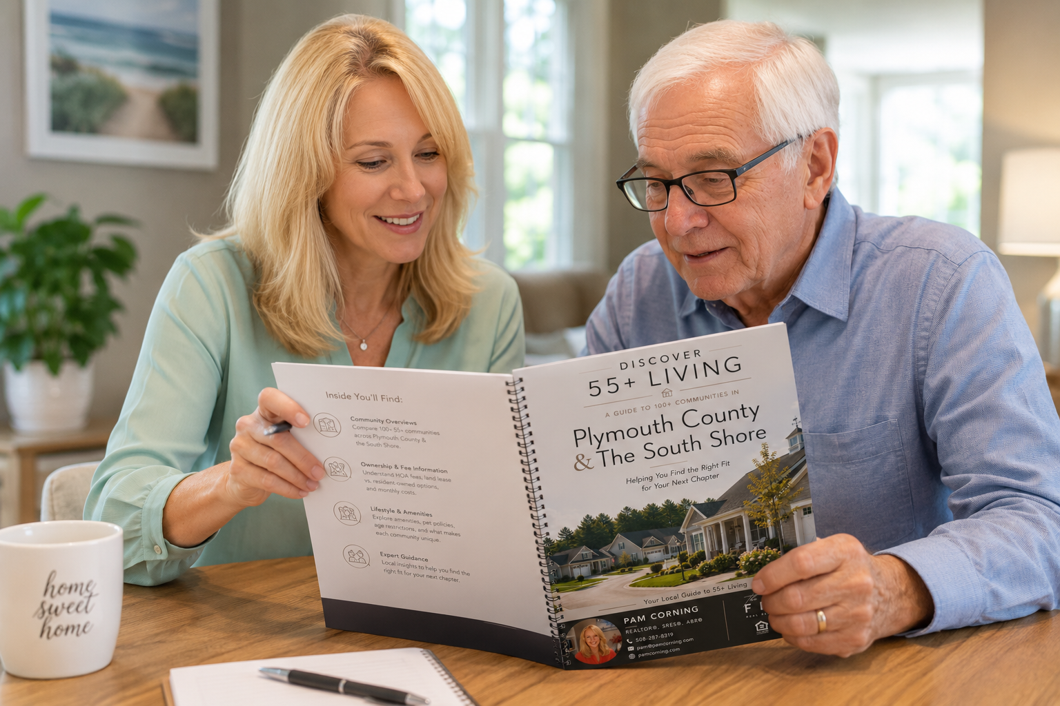 Adult child and parent reviewing Pam Corning’s 55+ community guide while exploring downsizing and active adult living options in Plymouth County and the South Shore of Massachusetts.