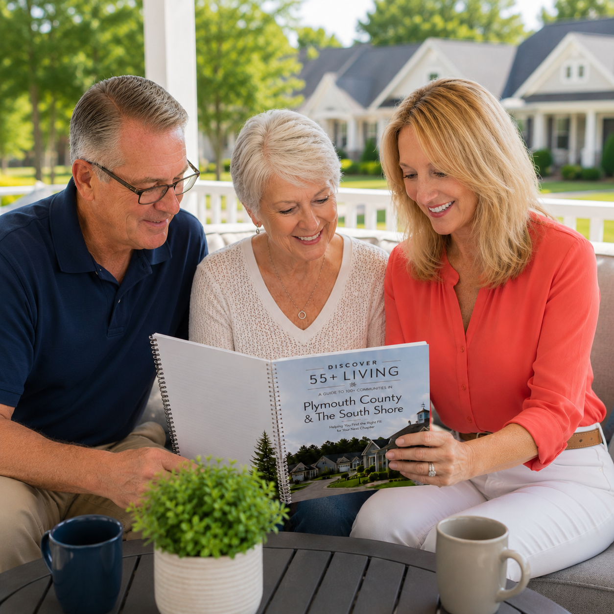 Pam Corning reviewing a 55+ living guide with clients exploring downsizing and active adult community options in Plymouth County and the South Shore of Massachusetts.