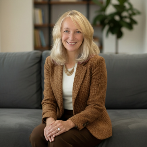 A woman with blonde hair, wearing a brown blazer and white top, sitting on a gray couch in a modern office or living room with bookshelves and a plant in the background.