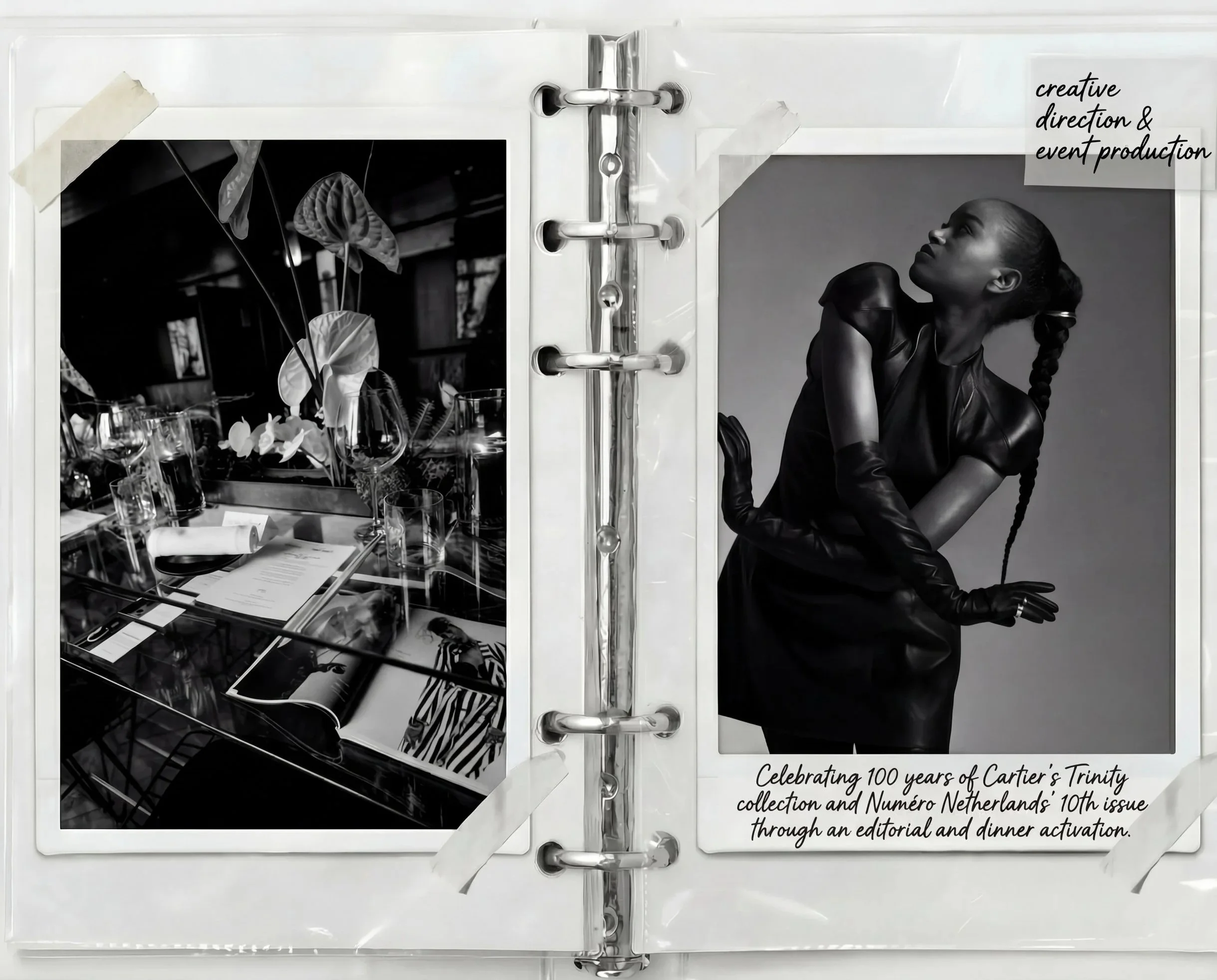 A photo album page featuring two black and white photographs. The left photo shows a table setting with glasses, an open book, and decorative plants. The right photo is a portrait of a woman with braided hair wearing a black leather outfit and gloves, striking a pose. There is handwriting on the page indicating the celebration of 100 years of Cartier's Trinity collection and Numéro Netherlands' 10th issue.
