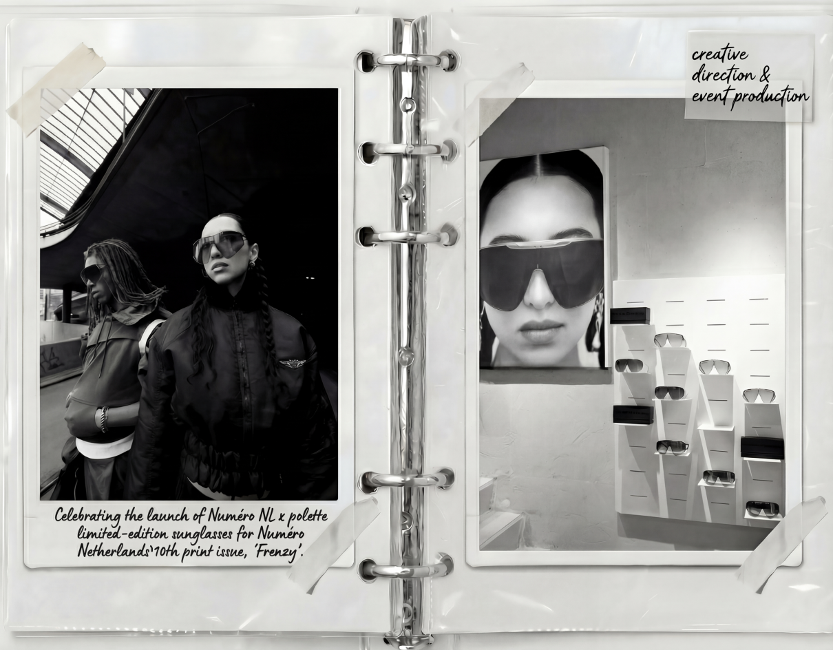 Black and white photograph of two women wearing sunglasses, inside an exhibition or store. One woman has dreadlocks and a jacket, the other has long hair and braided hair. A poster of a woman's face wearing sunglasses is visible in the background. The photograph is taped to a binder with handwritten text at the bottom, celebrating the launch of limited-edition sunglasses for Numero Netherlands' 10th print issue, 'Frenzy,' and a note in the top right corner says 'creative direction & event production.'