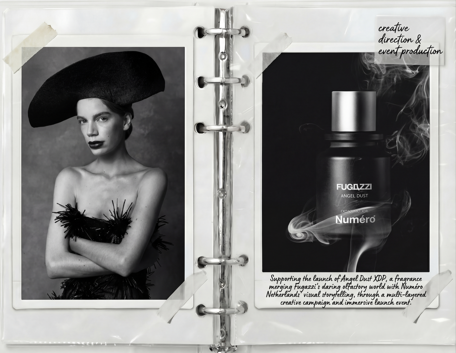A magazine spread with black and white photos and handwritten notes. The left page features a woman with short hair wearing a large, round hat and a strapless dress with feather details. The right page shows an advertisement for Fugazzi Angel Dust fragrance, with a black bottle emitting smoke and a note about the launch event.