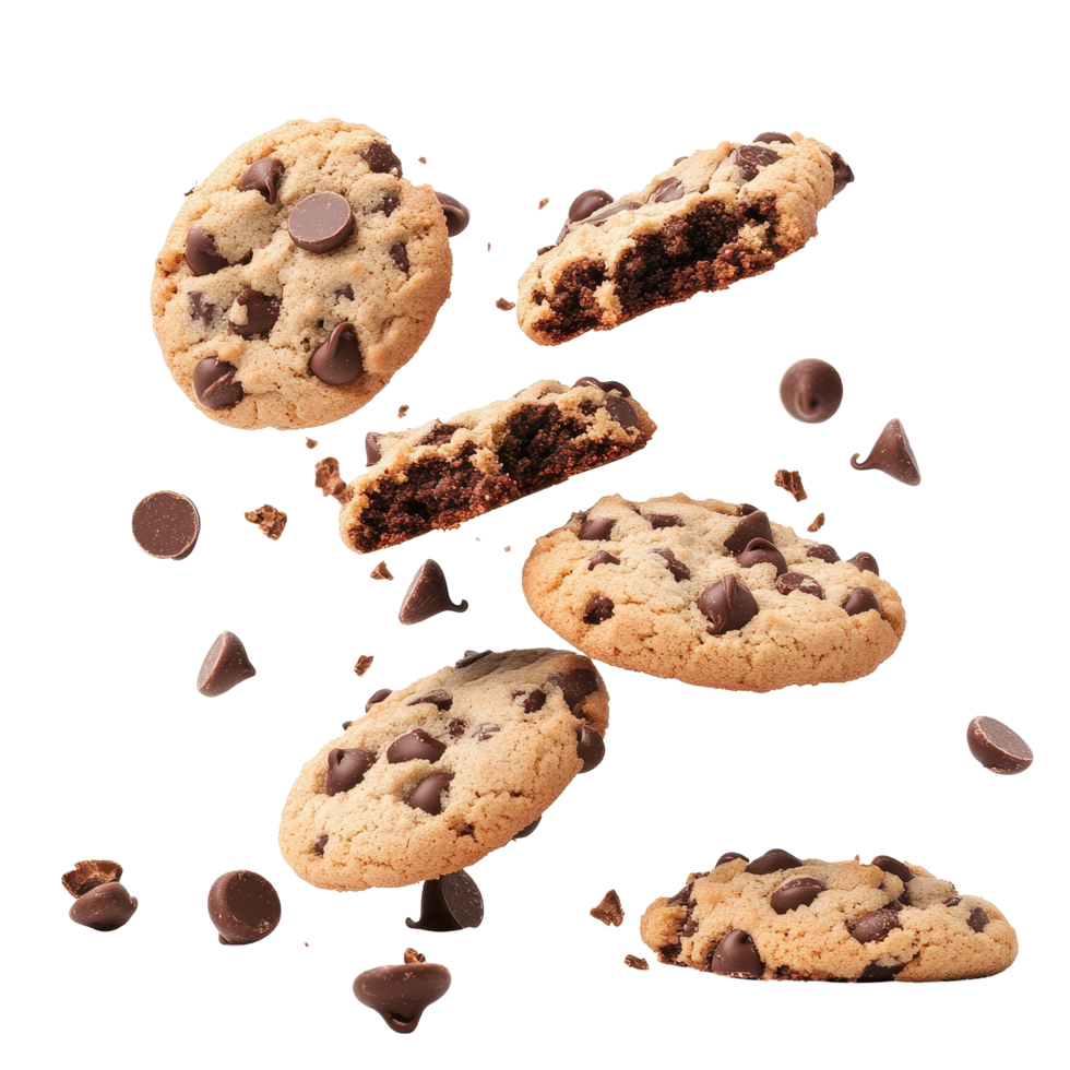 Chocolate chip cookies with chocolate chunks, with some broken pieces and chocolate chips scattered around.