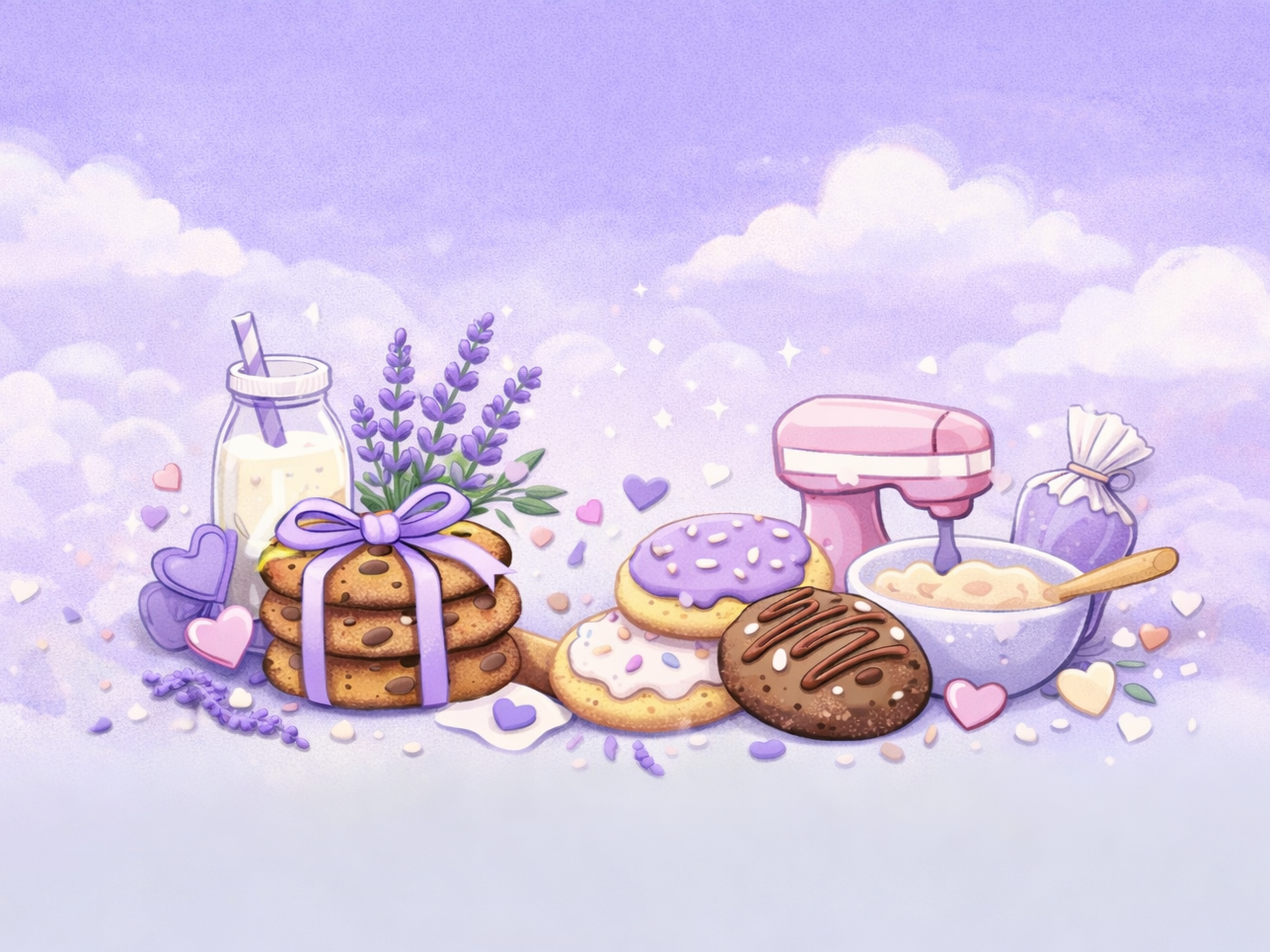 A pastel-colored illustration of cookies, cookies with lavender and cream icing, a jar of milk with a purple striped straw, a purple mixer, a bowl of batter with a wooden spoon, and decorative hearts and flowers on a dreamy cloudy background.