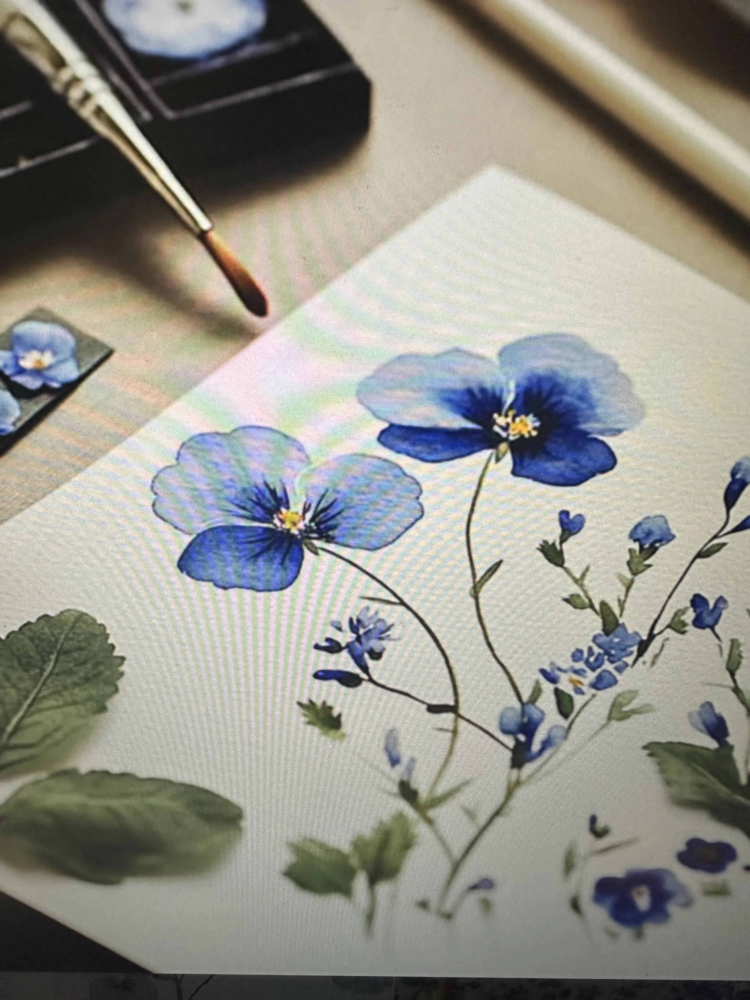 Watercolor painting of blue flowers and green leaves on paper with art supplies nearby.