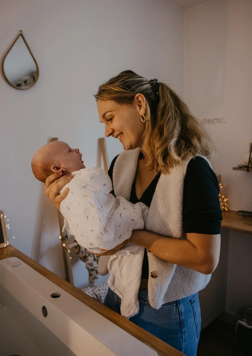 Une femme souriante tient un bébé dans ses bras dans une pièce chaleureuse.