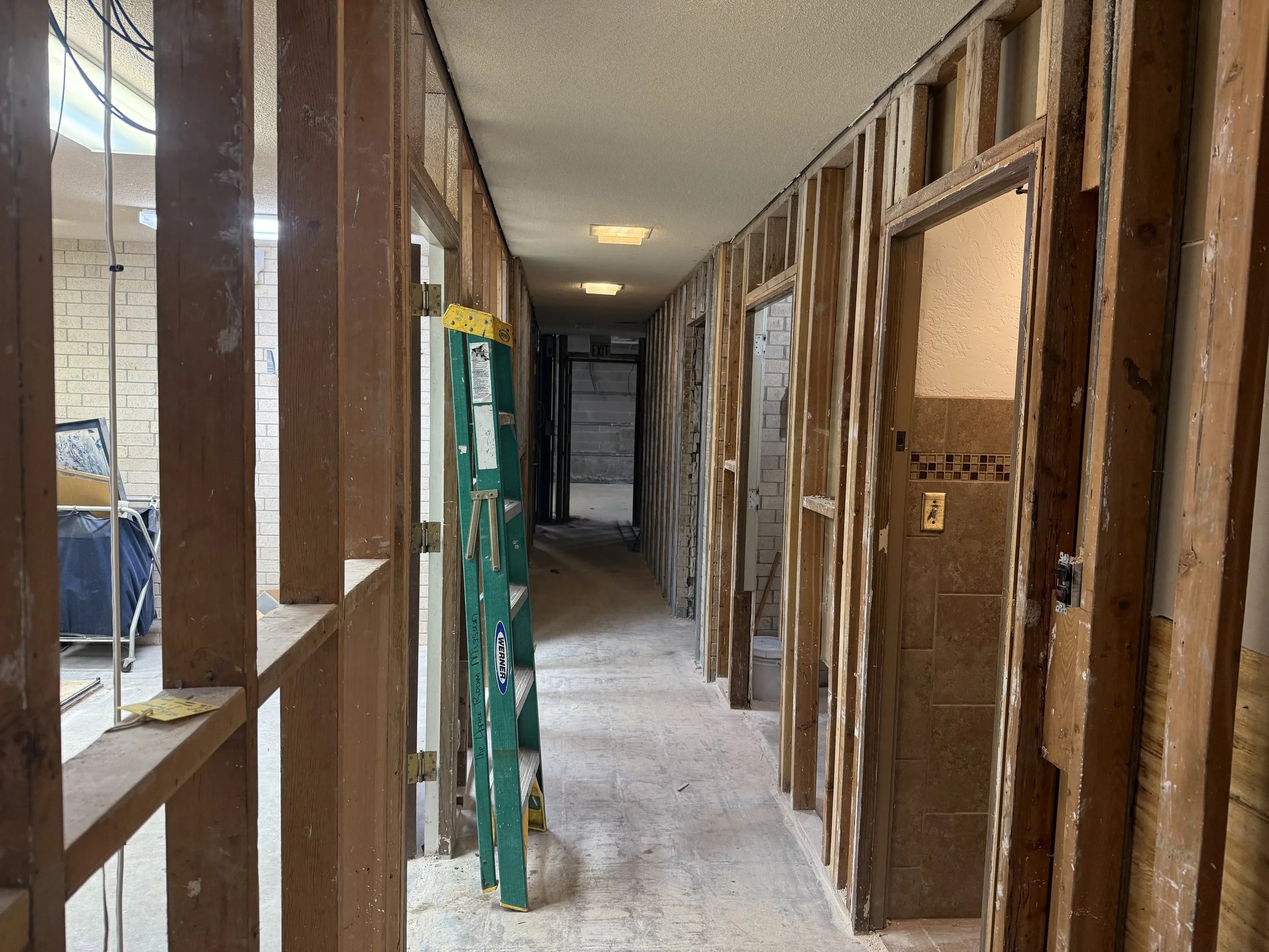 Hallway under renovation with exposed wooden wall studs, a green ladder leaning against the wall, and construction tools and materials visible.