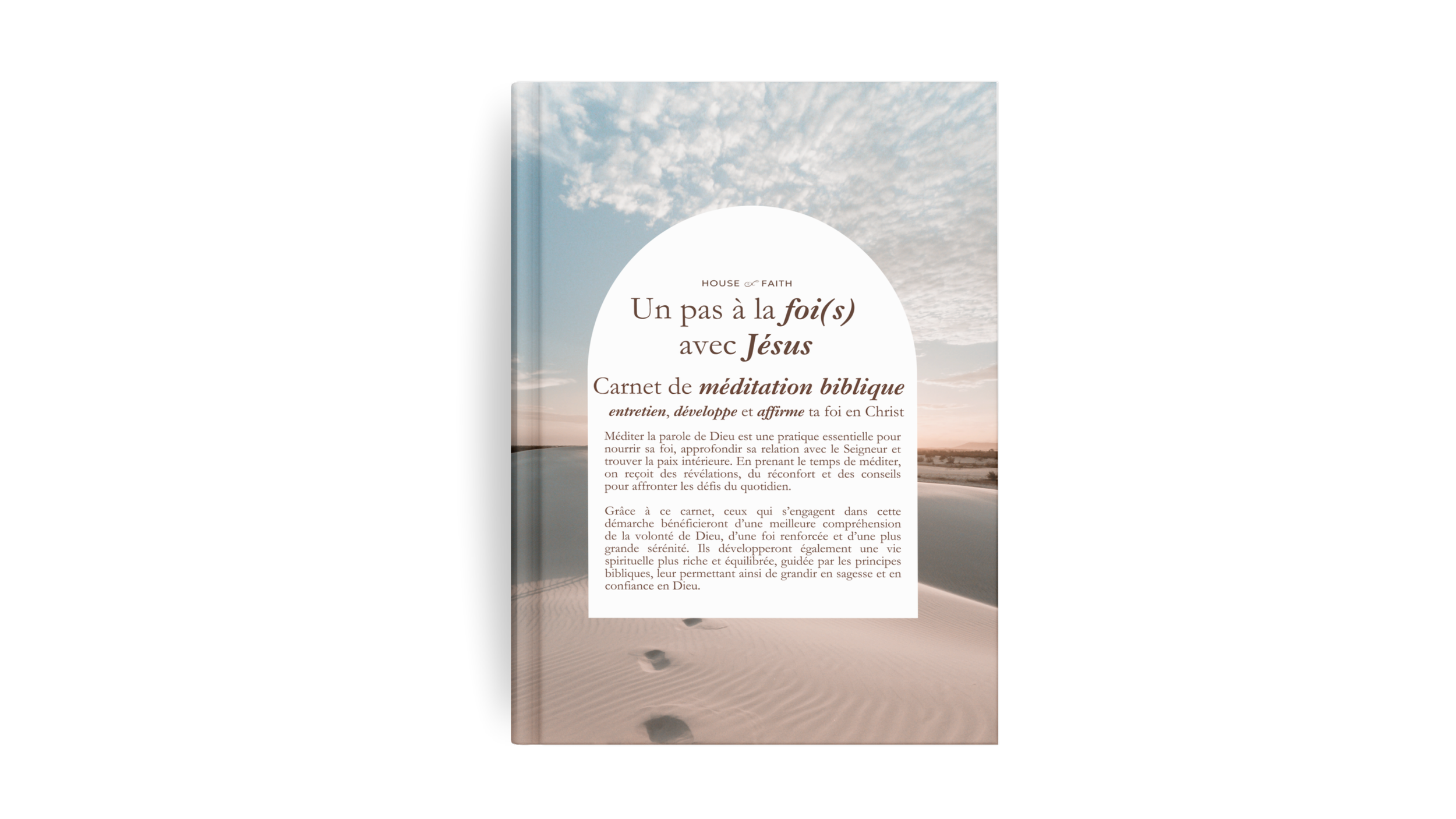 A book titled 'Un pas à la foi(s) avec Jésus' with a background of sand dunes and a sky with clouds.