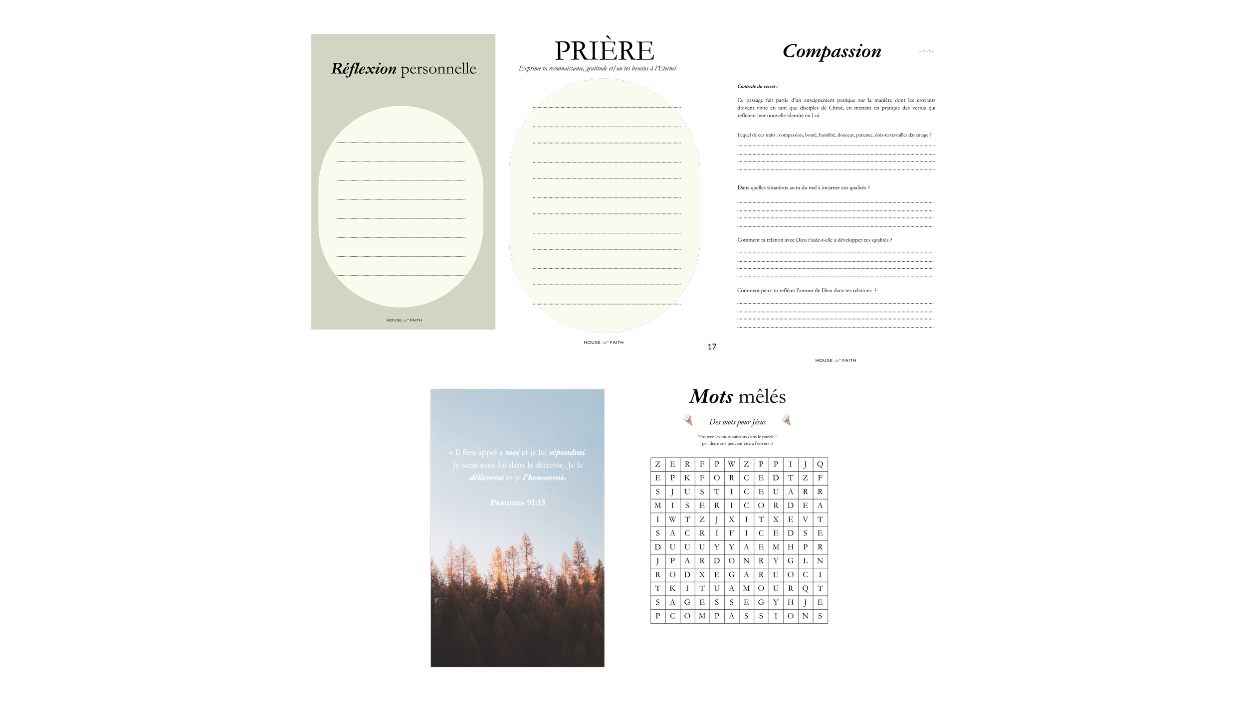 Collection of inspirational and religious-themed stationery including a personal reflection notepad, a quote card with Bible verse Psalms 91:15, and a scenic nature photograph with trees and sky.