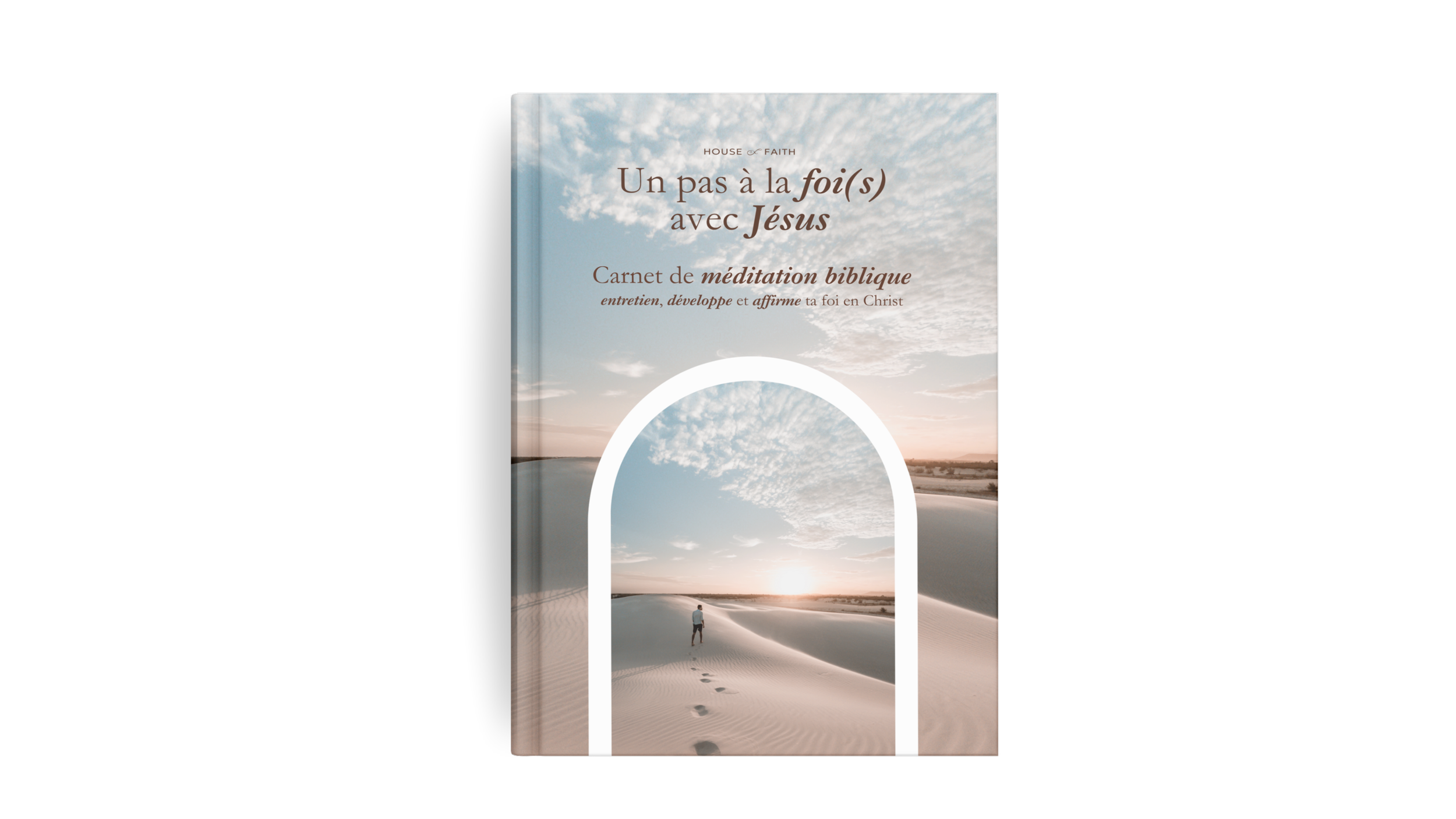 A book cover featuring a person walking on sand dunes at sunset with a cloudy sky in the background. The cover has text in French about biblical meditation and faith.
