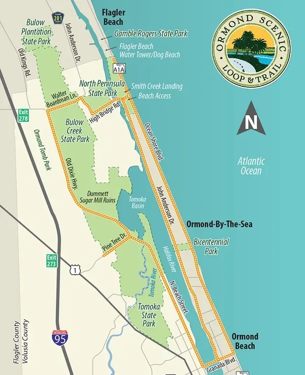 Map of the Ormond Scenic Loop and Trail in Florida showing landmarks like Flagler Beach, Tomoka State Park, and Ormond Beach, with roads, parks, and natural features along Atlantic Ocean.