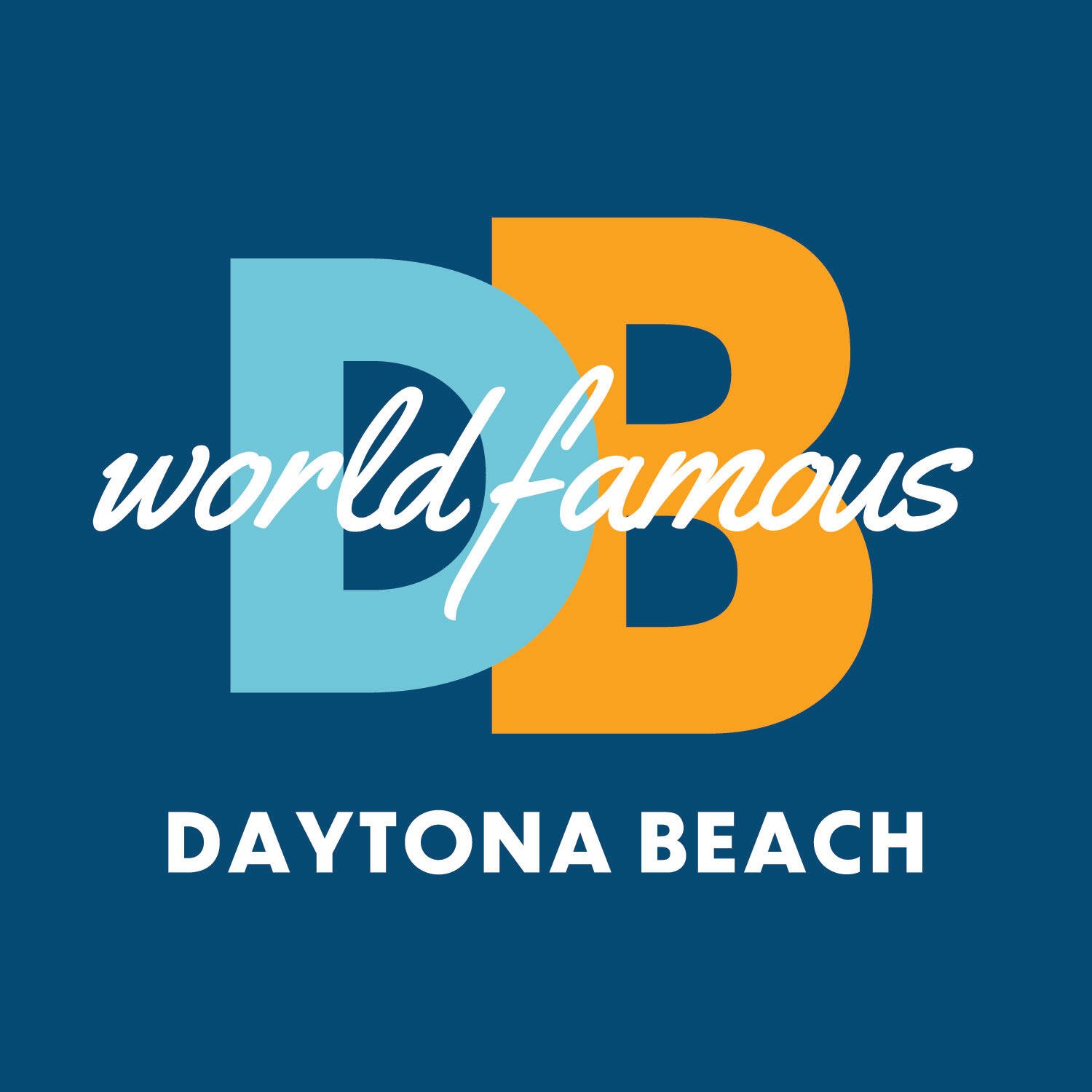 Logo for World Famous Daytona Beach with large stylized 'D' and 'B' letters in blue and orange, and the text 'worldfamous' over the letters, with 'DAYTONA BEACH' in white at the bottom.