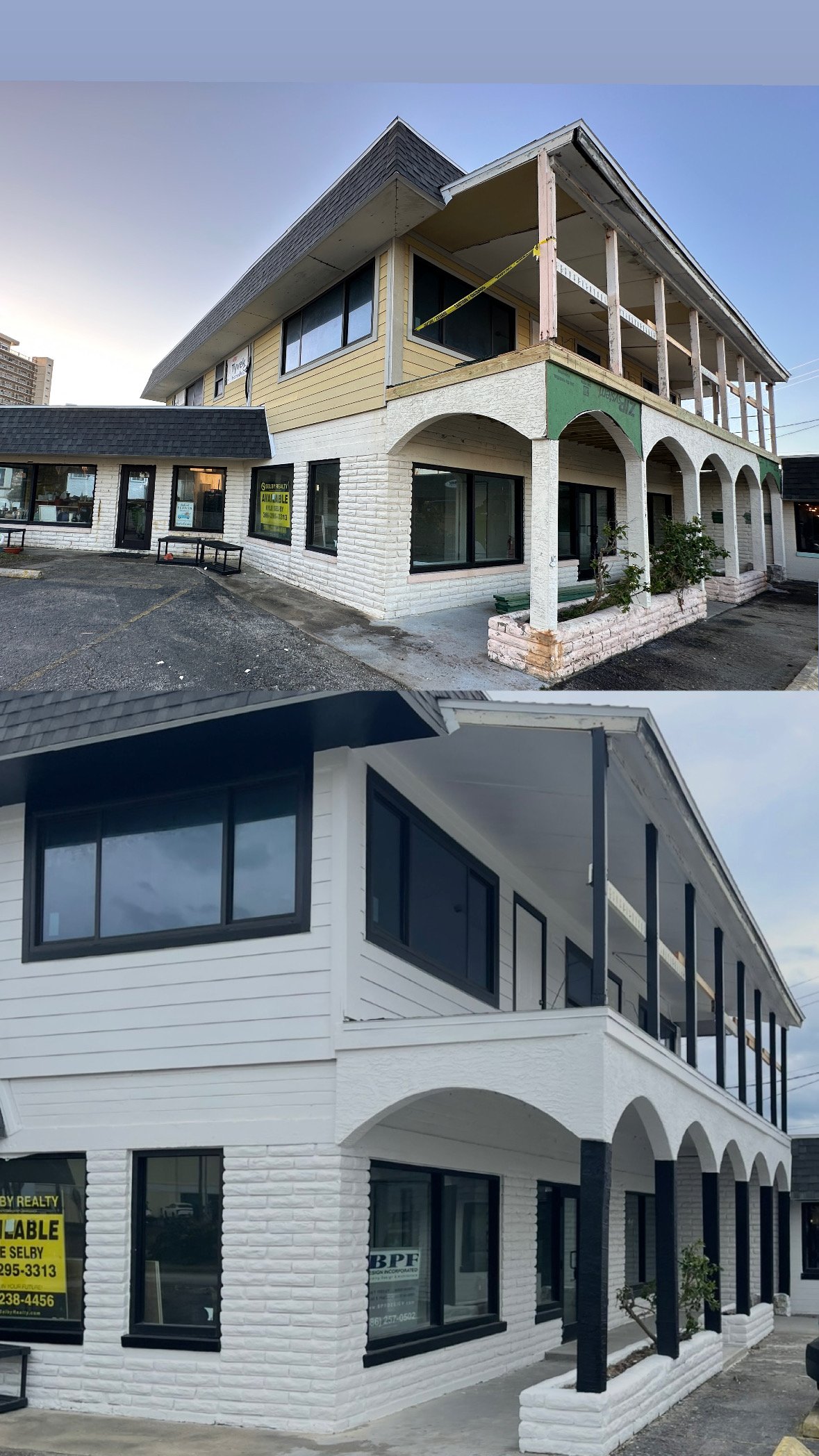 Before and after photos of a commercial exterior painting in Ormond Beach Florida