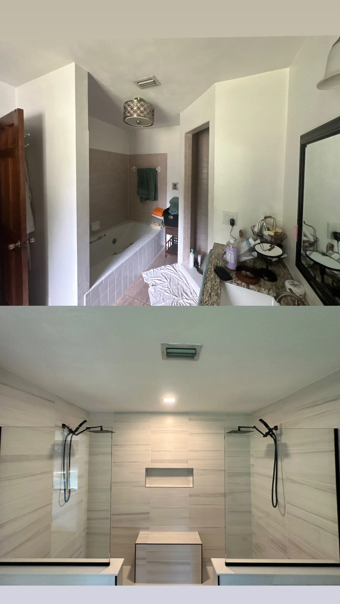 Comparison of two bathroom showers, top image shows a traditional bathtub and a new shower  with minimalist design in Ormond Beach Florida.