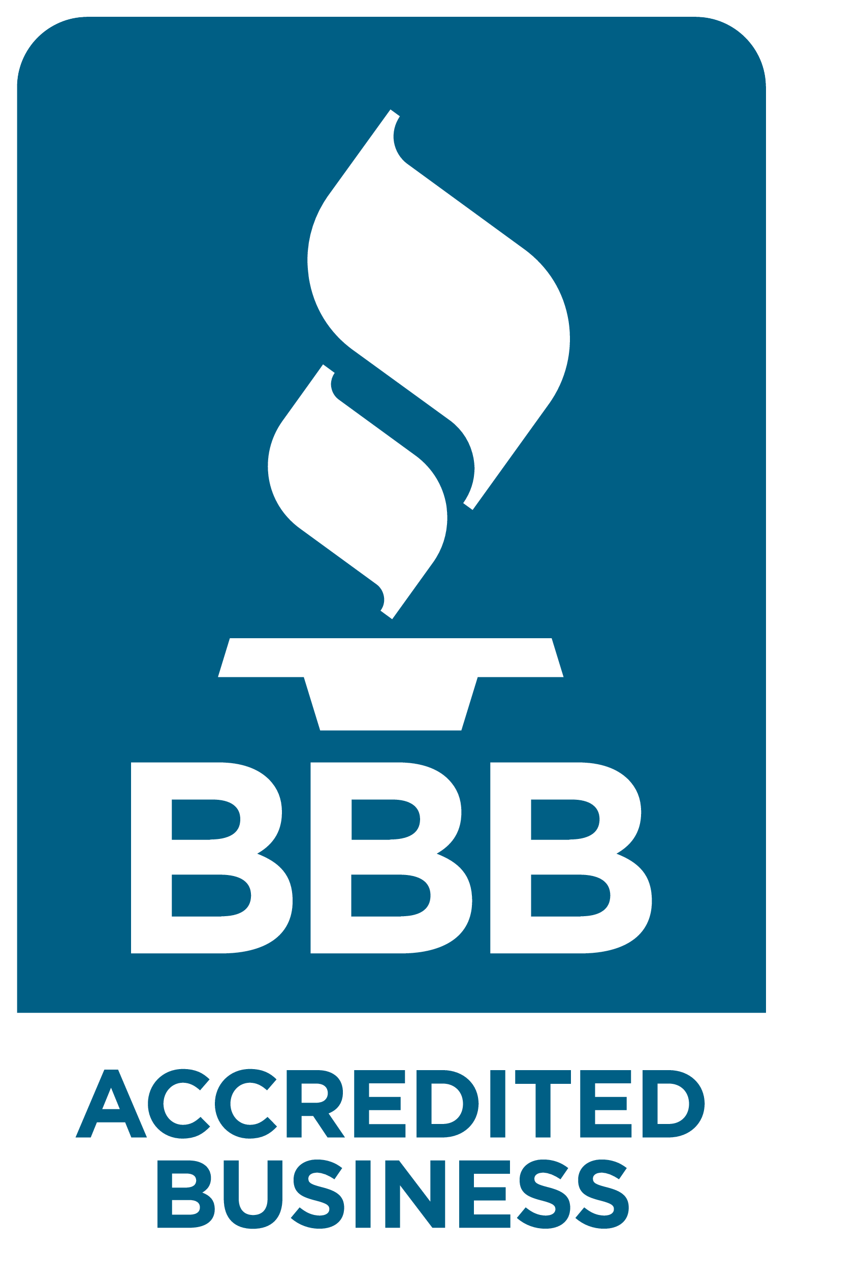 Blue badge with white flame and the letters "BBB" above the words "Accredited Business" in white text, indicating accreditation from the Better Business Bureau.