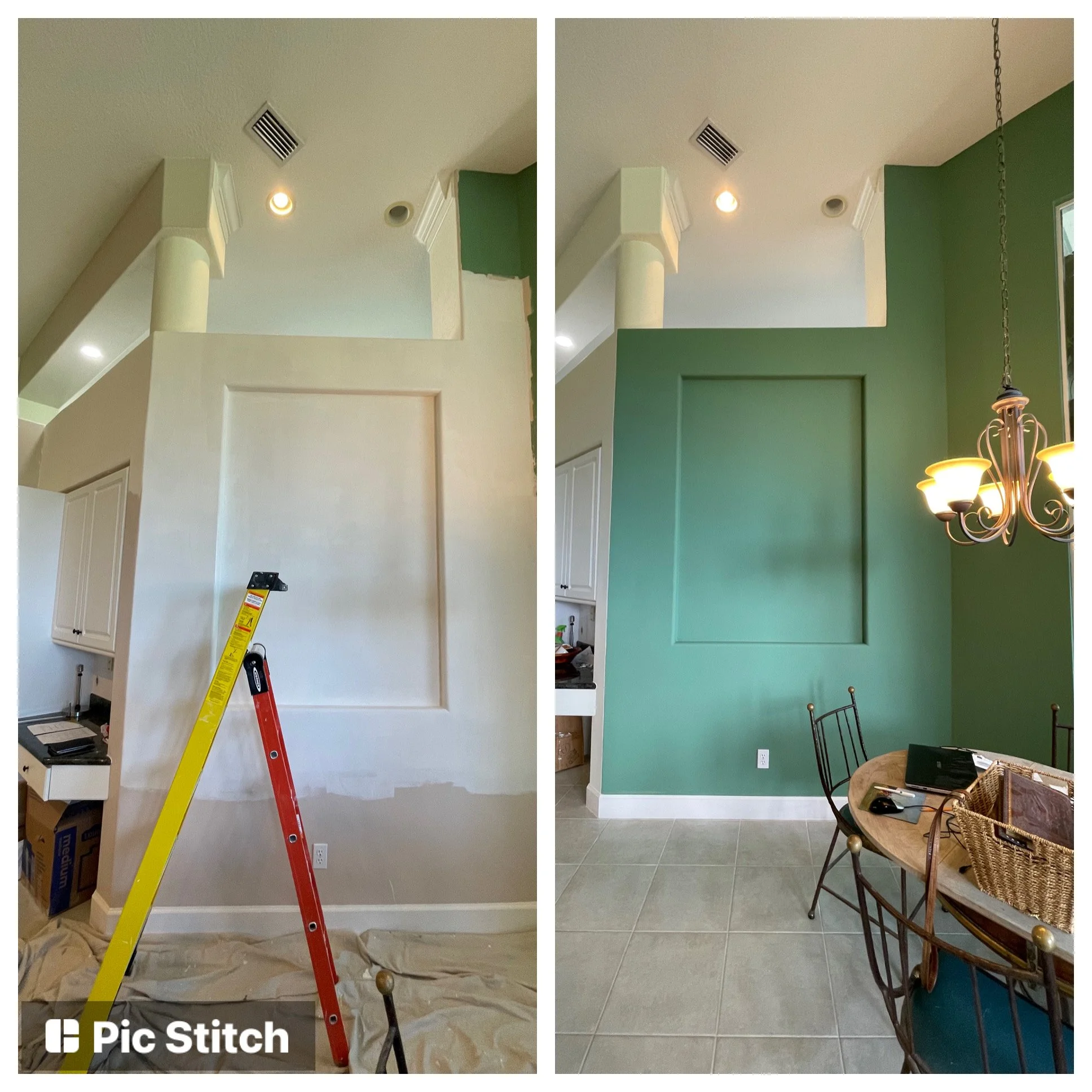 Before & after photos of a home in Halifax Plantation for a full interior painting job with custom drywall walls and nooks.