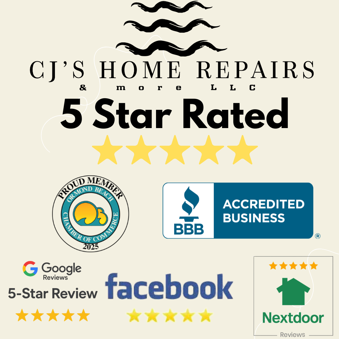A badge-style graphic showcasing CJ's Home Repairs as a 5-star rated business. The design includes five yellow stars, a pest control image at the top, and badges from the Better Business Bureau and Oro Mondo Beach Chamber of Commerce. It also features logos for Google Reviews, Facebook, and Nextdoor, emphasizing positive reviews and accreditation.